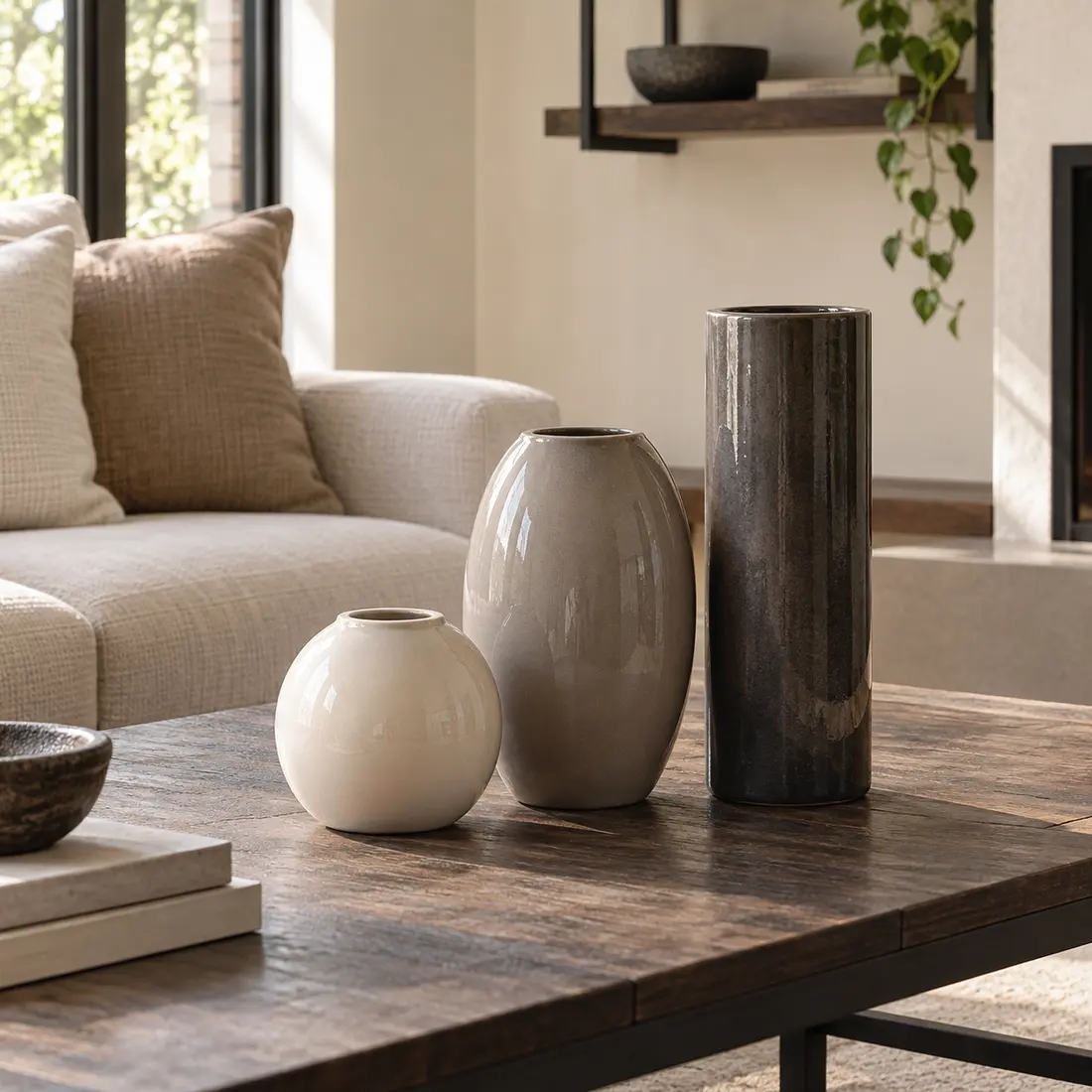Forma Ceramic Vase Trio styled in a home setting